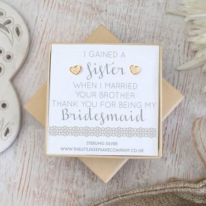 Rose Gold Vermeil Wedding Quote Earrings - 'I Gained A Sister When I Married Your Brother'