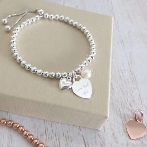 Sterling Silver Ball Slider Bracelet with Heart Charm and Pearl
