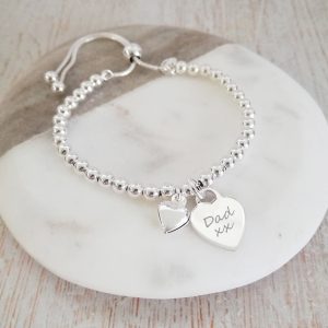Sterling Silver Ball Slider Bracelet - With Engraved Silver Heart Charm