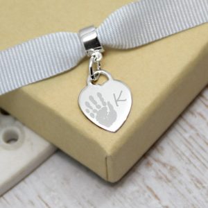 Engraved Sterling Silver Mini Heart Charm With Handprint & Initial