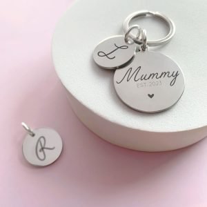 Stainless Steel Engraved Circle Charm Keyring ‘Loving You Since…’