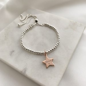Sterling Silver Ball Slider Bracelet – Engraved Rose Gold Star Charm